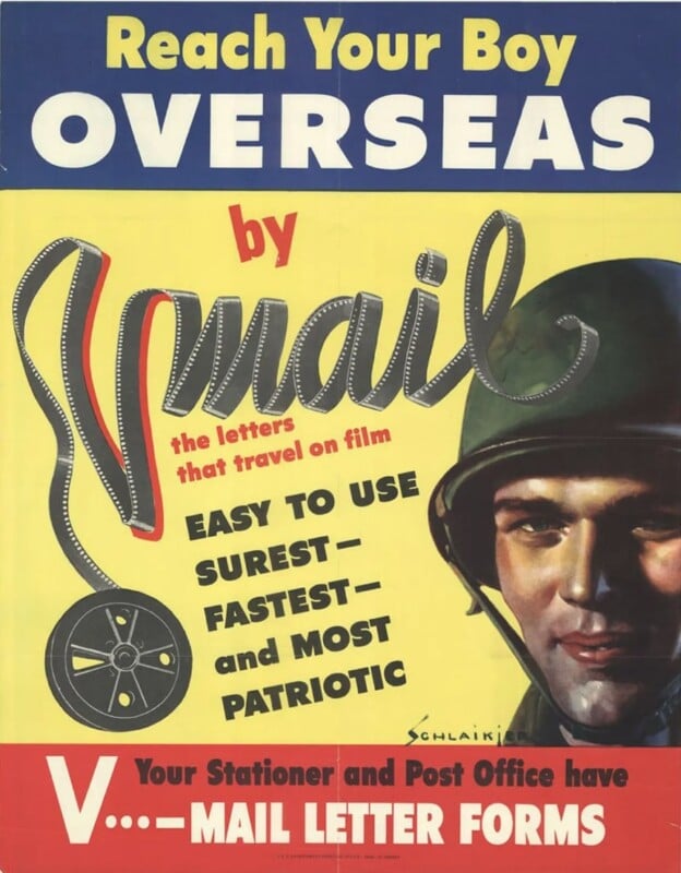 A vintage poster encouraging sending mail overseas using V-Mail, featuring a soldier's face and a film reel design. Text highlights ease, speed, and patriotism of using V-Mail letter forms, available at post offices and stationers.